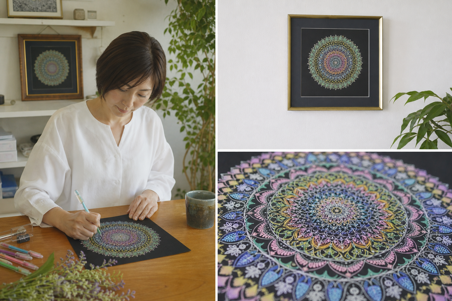 写真:ご自身が曼荼羅アートを鑑賞・制作している際の様子、または作品を遠目と近くの両方から撮影した写真を入れる
