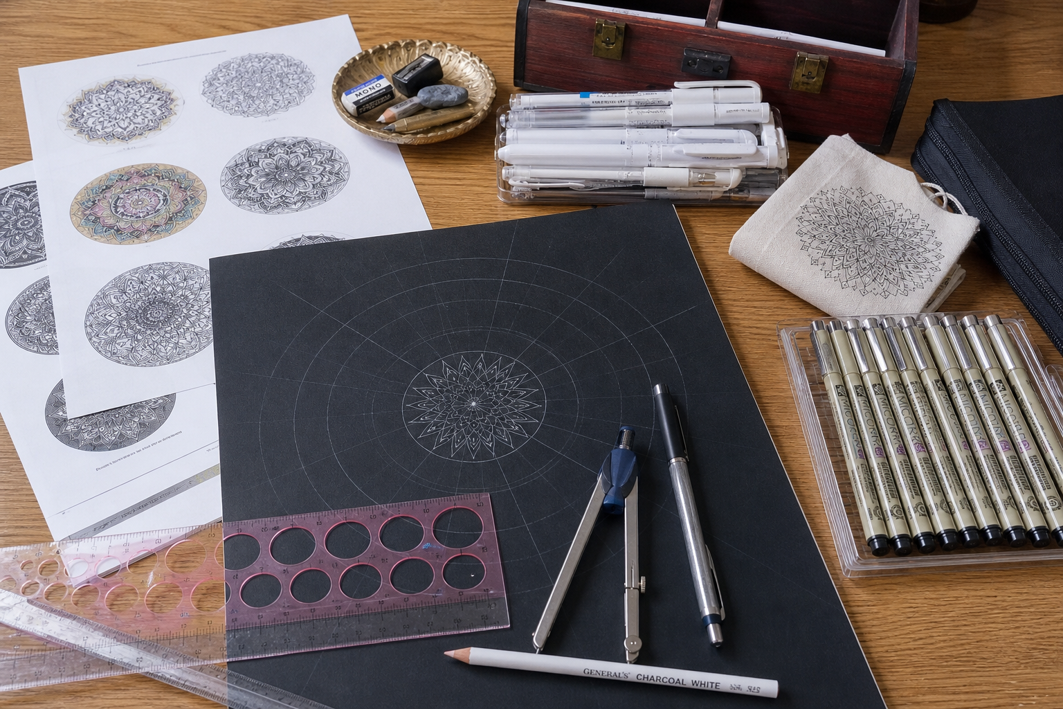 写真:曼荼羅アートを描くときに使う道具一式の写真を入れる。ペンやコンパス、下絵の見本などが写っていると分かりやすいです