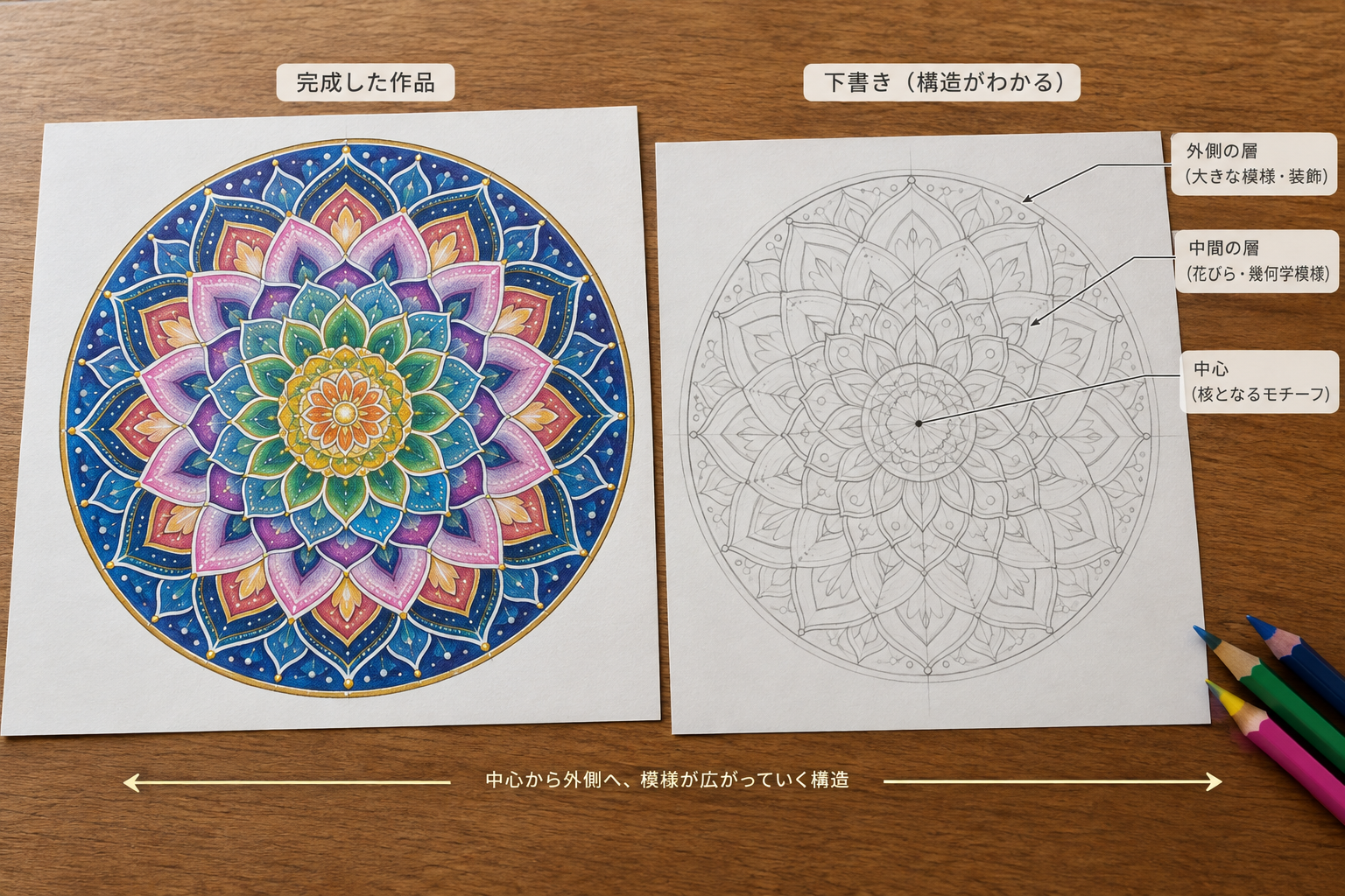 写真:曼荼羅の構造がわかりやすい作品や下書きの写真を1枚入れる。中心から外側に向かって広がる構図がわかるとより伝わりやすいです