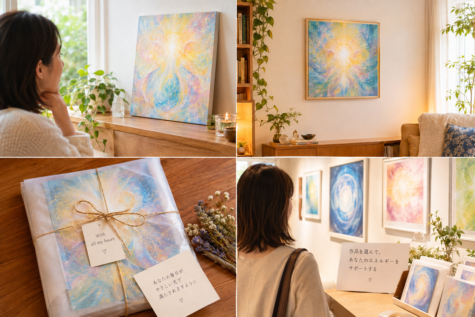 写真:ご自身の作品を部屋に飾っている写真や、贈ったときのラッピング写真があれば入れる