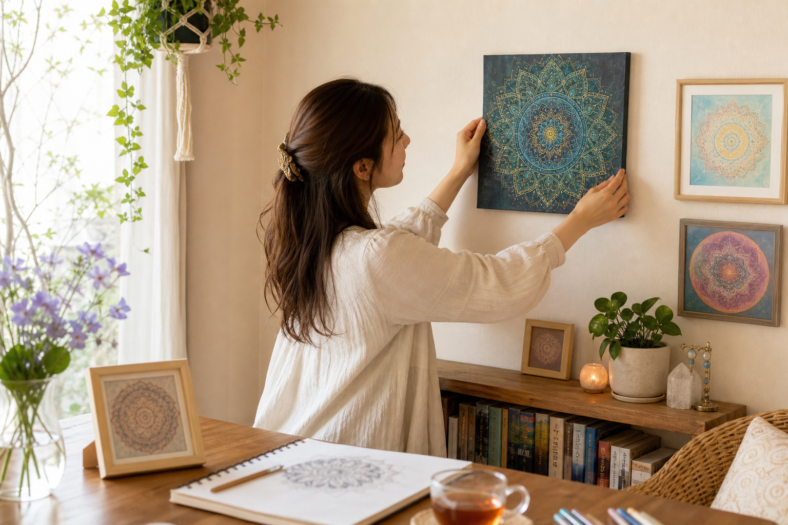 写真:日常の中に曼荼羅アートを取り入れている様子の写真を入れる。ご自身の作品を部屋に飾っている様子、日常の中に曼荼羅アートがある風景などがあると温かみが出ます