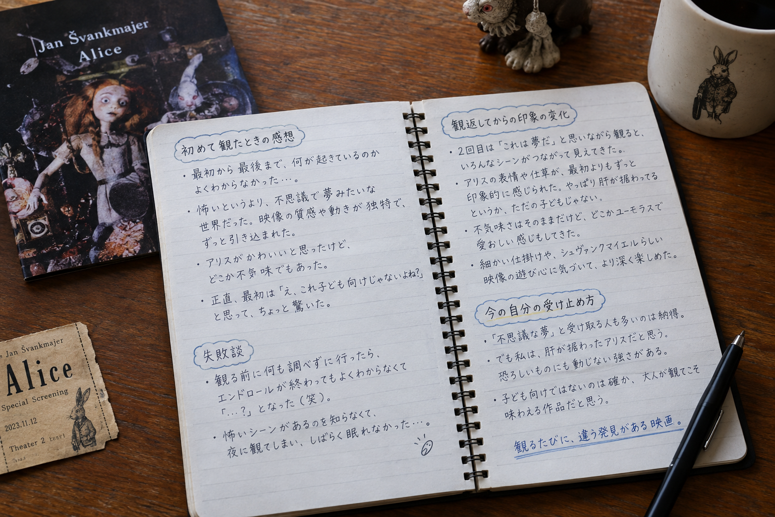 写真:鑑賞後に書いたメモやノートの写真を入れる。初めて観たときの率直な感想と、観返して印象が変わった点があれば、失敗談も交えて数行で書く