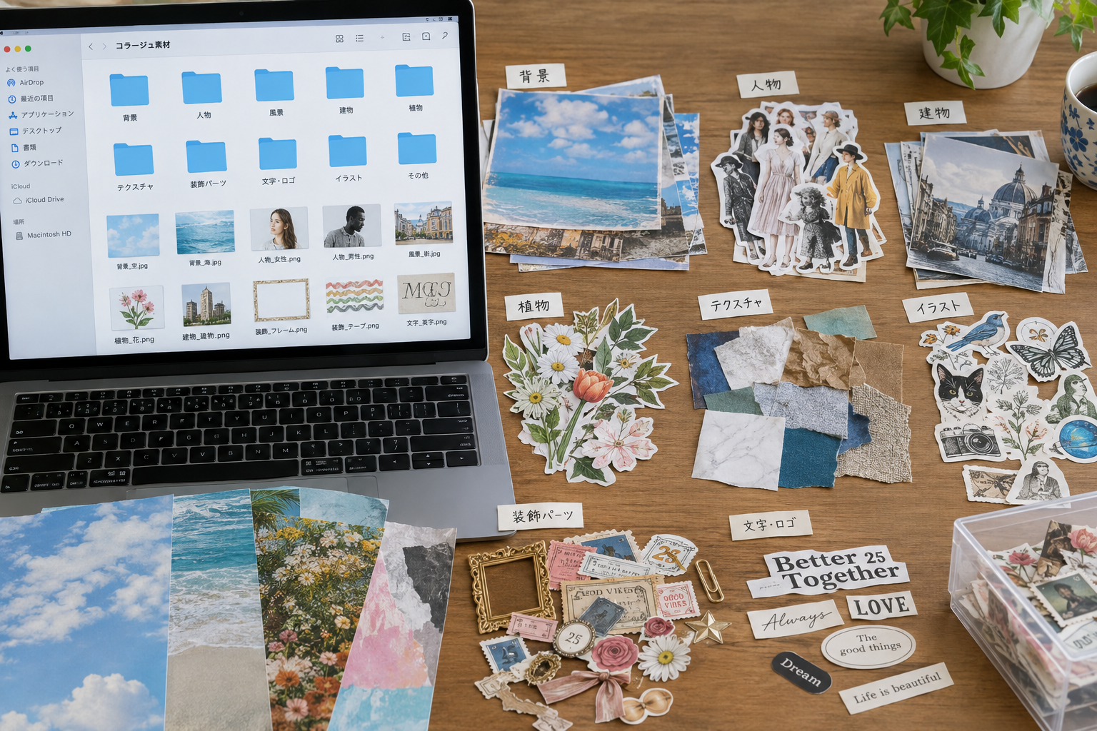 写真:ご自身が実際にコラージュ制作で使っている素材フォルダの画面や、背景・切り抜き・装飾パーツを並べて見せた写真を入れる