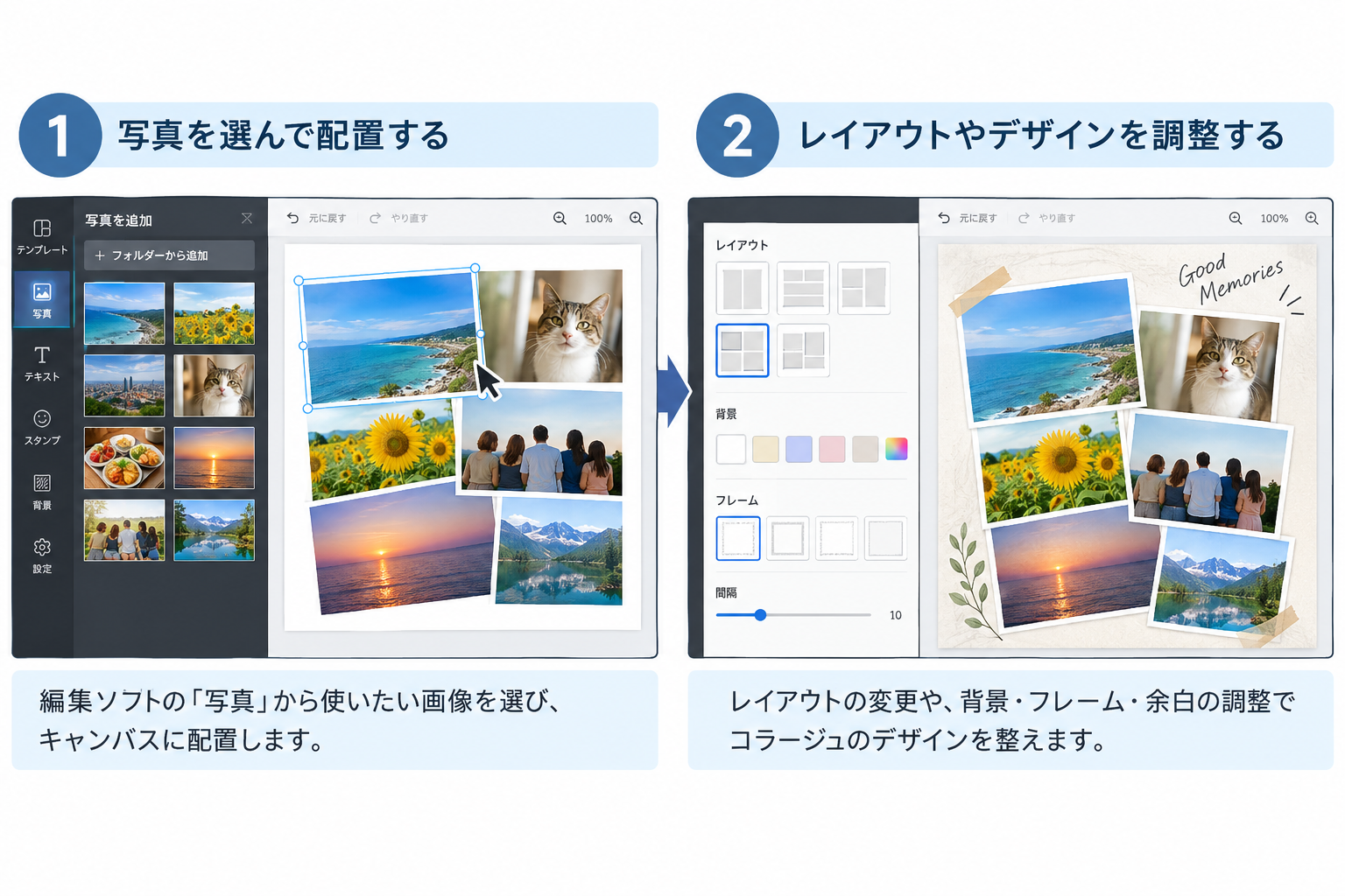 写真:実際にコラージュを作る途中の編集画面のスクリーンショットを、手順ごとに1〜2枚入れる。どの手順の画面か分かるようにキャプションを添える