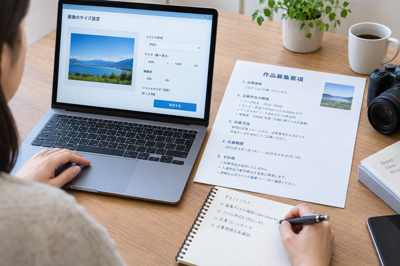 写真:応募用に整えたデータのサイズ設定画面、または募集要項を見ながら制作しているデスク周りの写真を入れる