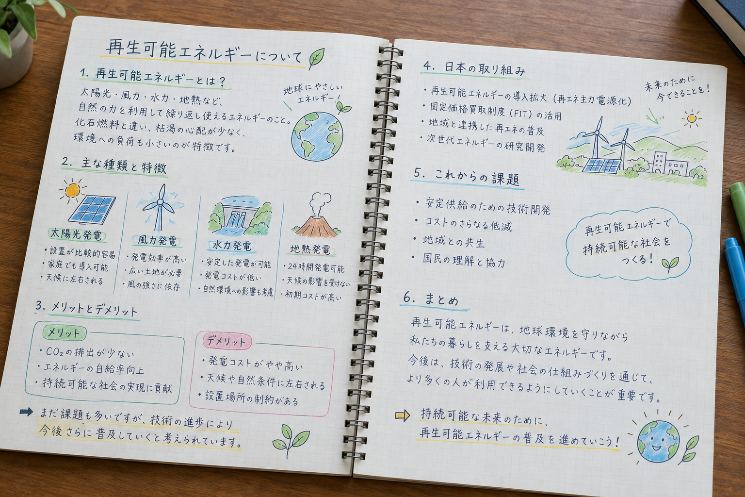 写真：大判サイズのノートに、文字だけでなく図やイラストを交えて書き込んだページの写真を入れる