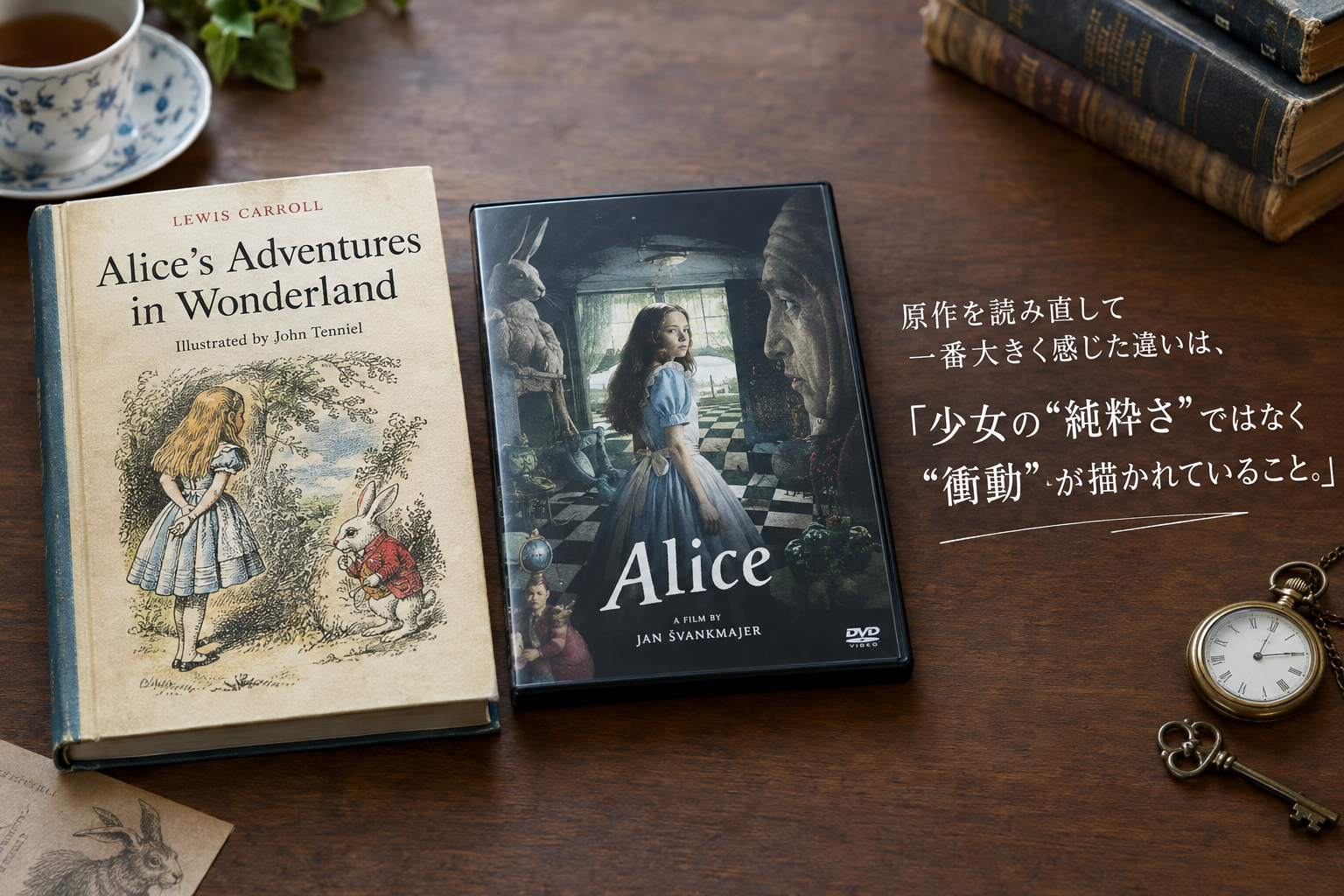 写真:原作『不思議の国のアリス』の本と、DVDのパッケージを並べた写真を入れる。原作を読み直して感じた、映画との一番大きな違いを一言添える