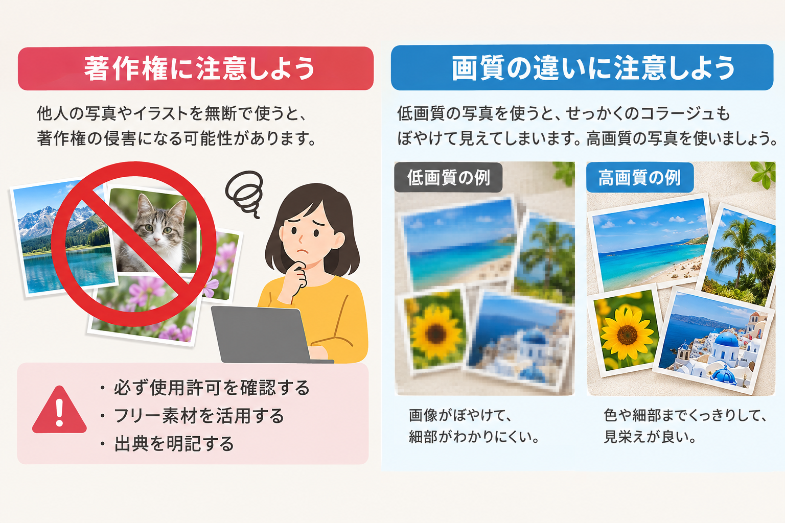 写真:著作権の注意を示す図、または画質が荒れた例と整った例の比較画像を入れる
