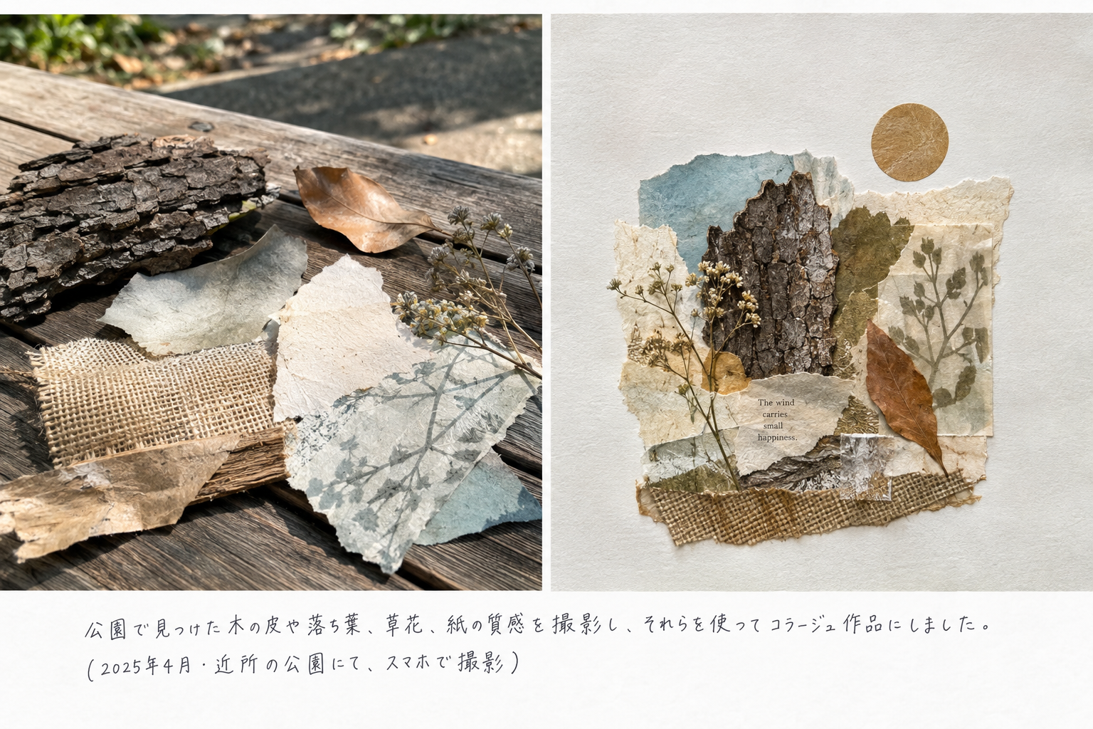 写真:ご自身が実際に撮影した質感素材や、それを使ったコラージュ作品の写真を入れる。どんな場所でどう撮ったかを一言添える