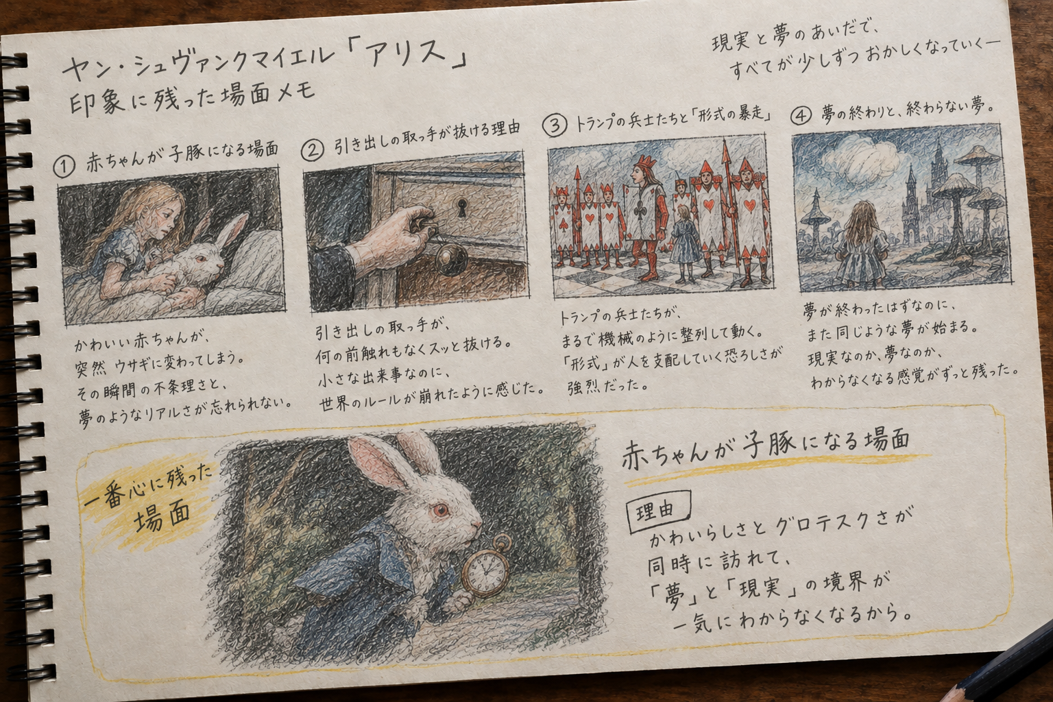 写真:印象に残った場面を自分で描き起こしたラフスケッチや、鑑賞メモの写真を入れる。一番心に残った場面と、その理由を一言添える