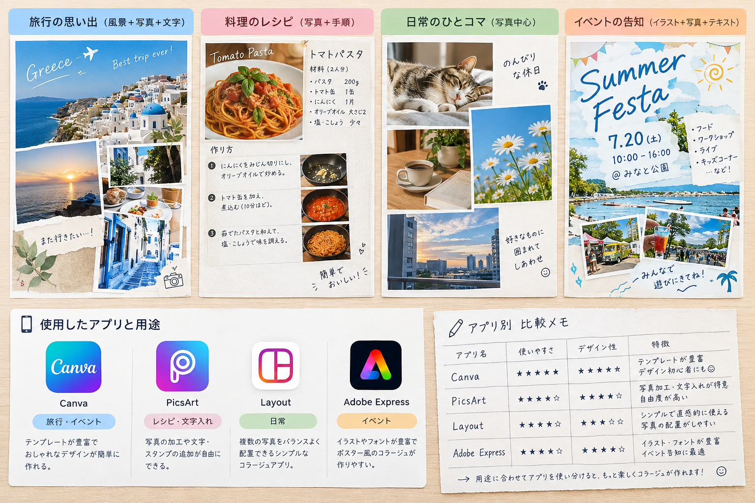 写真:用途別に選んだアプリで作成したコラージュ例を並べた画像、または比較メモの写真を入れる