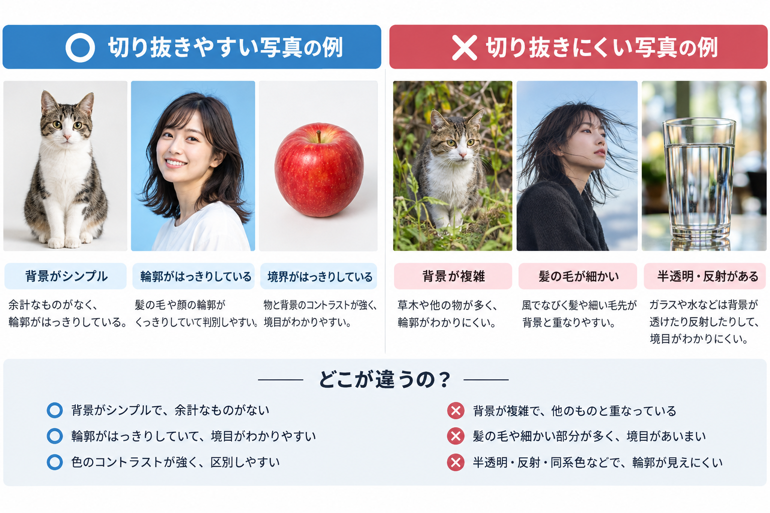 写真:切り抜きやすい写真と切り抜きにくい写真の例を並べた画像を入れる。どこが違うのかを一言添える