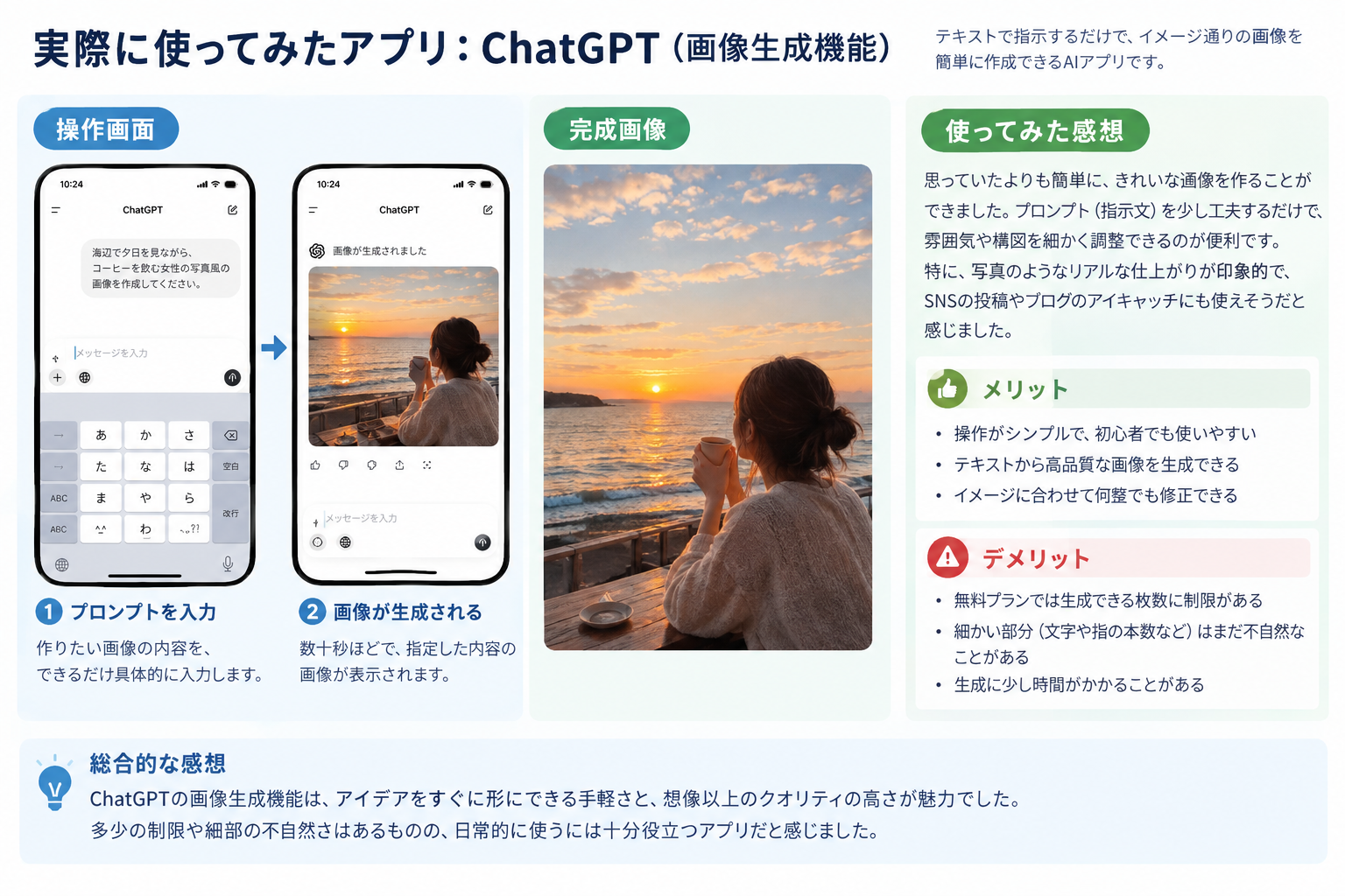 写真:実際に1〜2本のアプリを使ってみた際の操作画面と完成画像を入れ、使い心地の感想とメリット・デメリットを書く。ご自身が試していないアプリについては感想を書かないでください