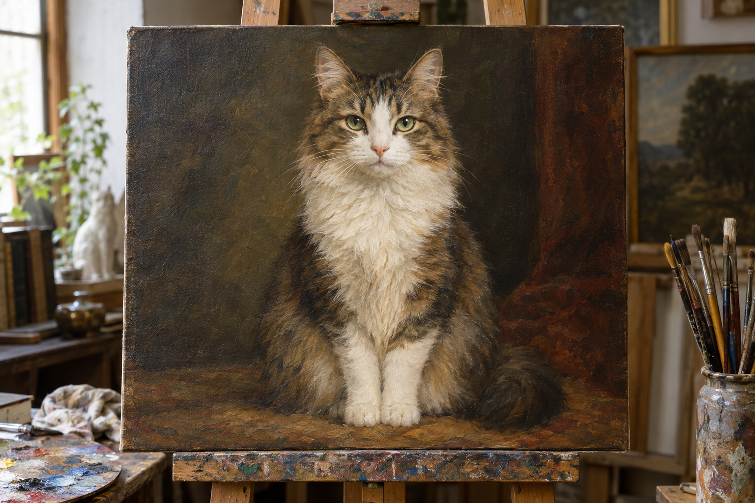 油絵またはアクリル画で描かれた猫の肖像画作品。落ち着いた背景に猫が正面を向いて座っているクラシックな肖像画スタイル、毛並みの質感が丁寧に描かれている、アトリエでの作品撮影風の写真