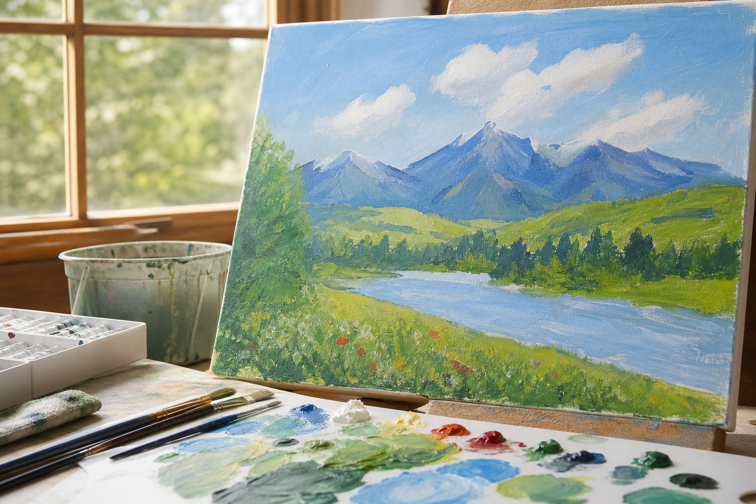 初心者が描いたアクリル絵の具の風景画(山や空、緑を含む自然の風景)と、絵の具が付いたパレットや筆を手前に置いた制作途中の様子が分かる、温かみのある自然光での写真風イメージ