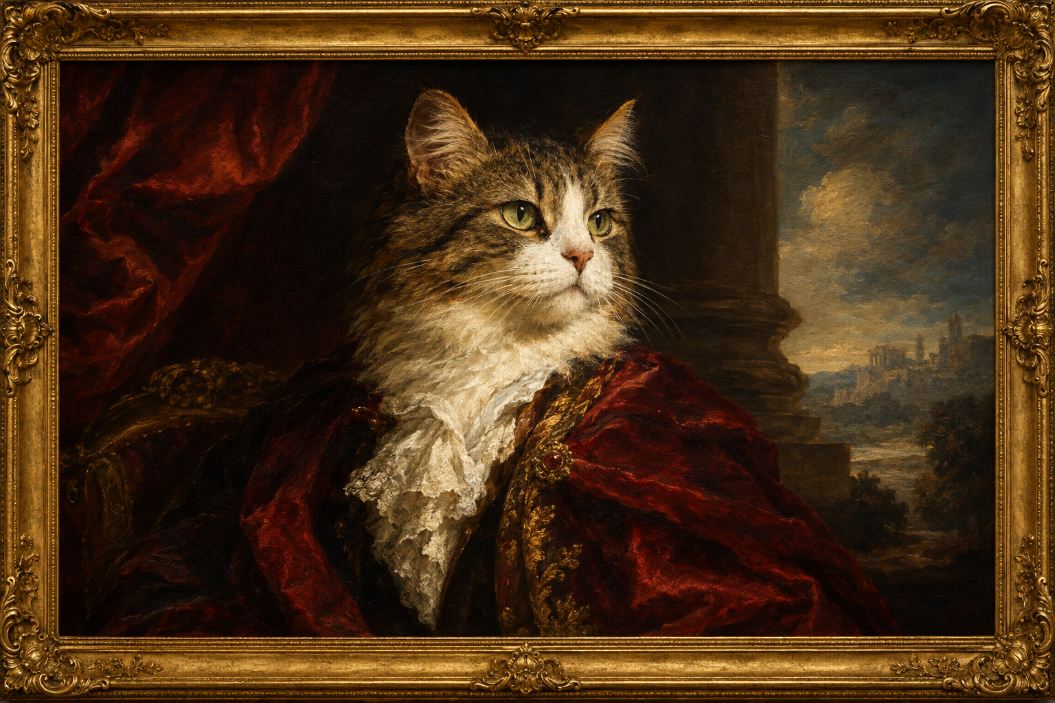 西洋古典絵画風の油絵タッチで描かれた猫の肖像画。重厚な色使いと光の陰影表現、クラシックな金縁フレームに入った猫の絵画作品