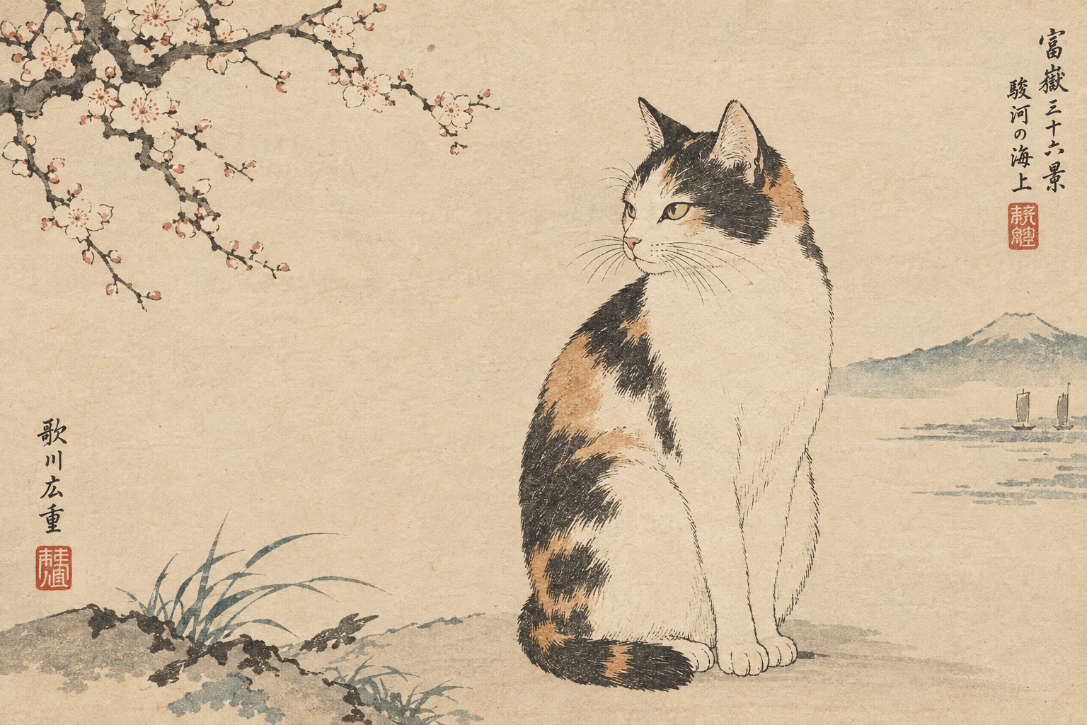 浮世絵風のタッチで描かれた猫の絵。和紙のような質感、墨と淡い色彩、日本画特有の線描と余白を活かした猫の座り姿