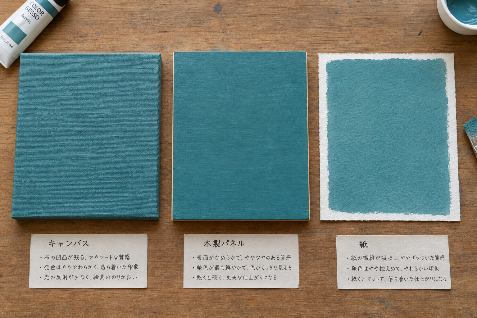 キャンバス、木製パネル、紙の3種類の素材にそれぞれ色付きジェッソを塗った状態を並べた写真、素材ごとの質感や発色の違いがわかる俯瞰構図