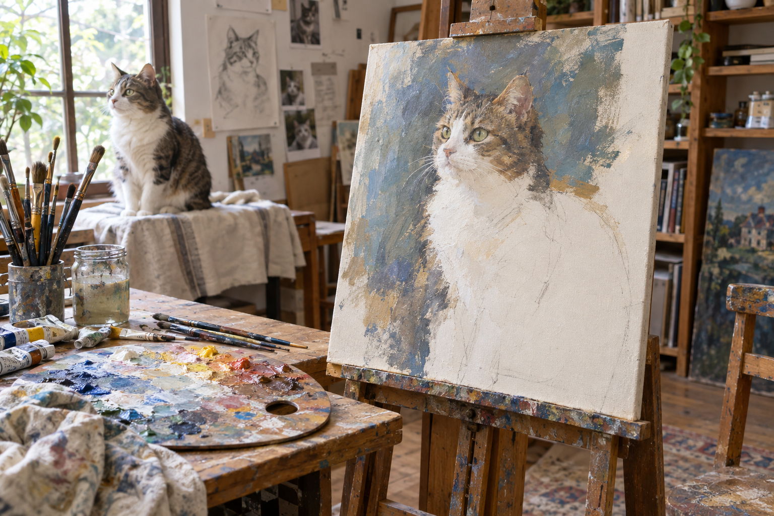 制作途中の猫の絵画作品。イーゼルに立てかけられたキャンバスに描かれる猫の絵、絵筆やパレットが並ぶアトリエの制作風景