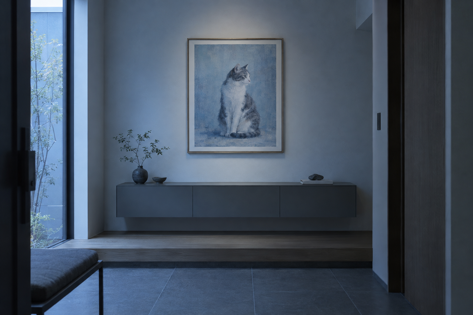 北向きの落ち着いた玄関または部屋の一角に、猫を描いた絵画を飾ったインテリア写真風画像。青みがかった静かな光、シンプルでモダンな内装、絵が壁の中央に飾られている構図
