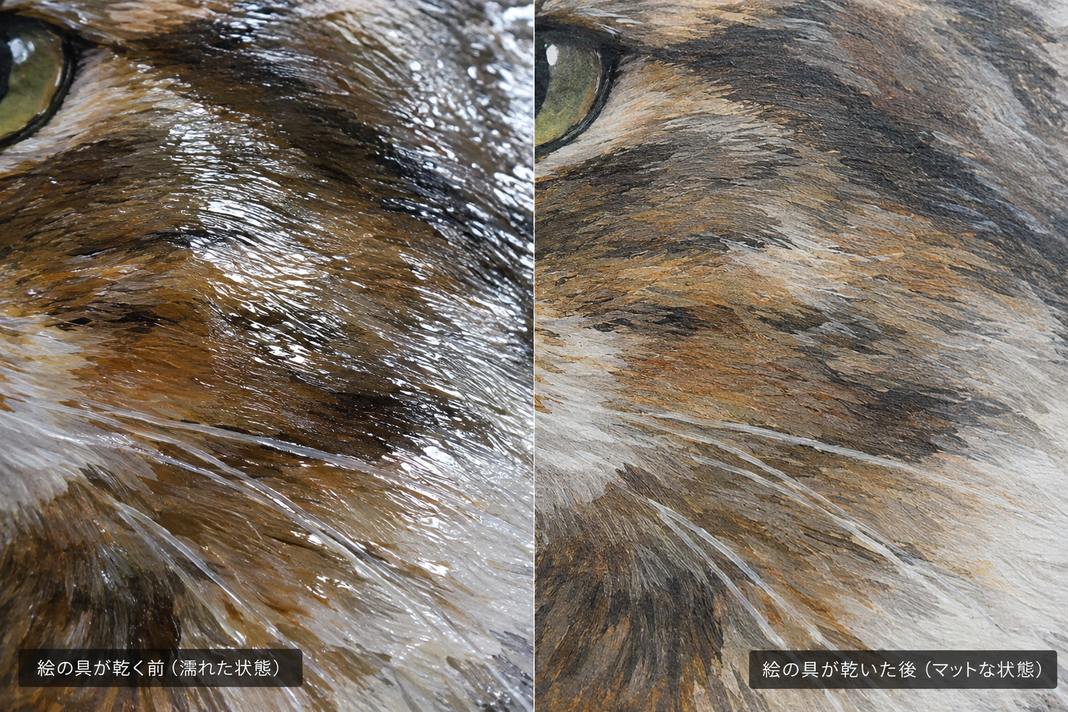 猫の絵のアクリル画表面を左右比較したクローズアップ写真風画像。左側は絵の具が乾く前の濡れたツヤのある質感、右側は乾燥後のマットな質感。同じ猫の毛並み部分を撮影した比較構図、自然光、写実的な質感表現