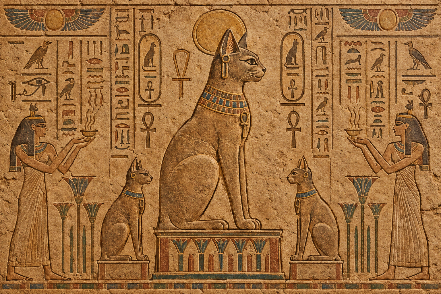 古代エジプトの壁画やレリーフ風のイラスト。猫の女神バステトを思わせる猫のモチーフ、砂色の石壁に彫られたような古代エジプト美術のスタイル