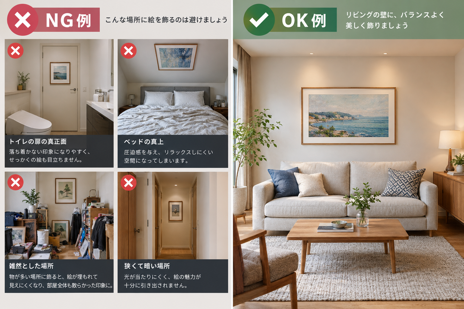 部屋に絵を飾る際のNG例とOK例を比較する2分割画像。左側はトイレの扉の真正面やベッドの真上など雑然とした場所に絵が飾られたNG例、右側はリビングの壁に整然と美しく飾られたOK例、インテリア写真風のスタイル