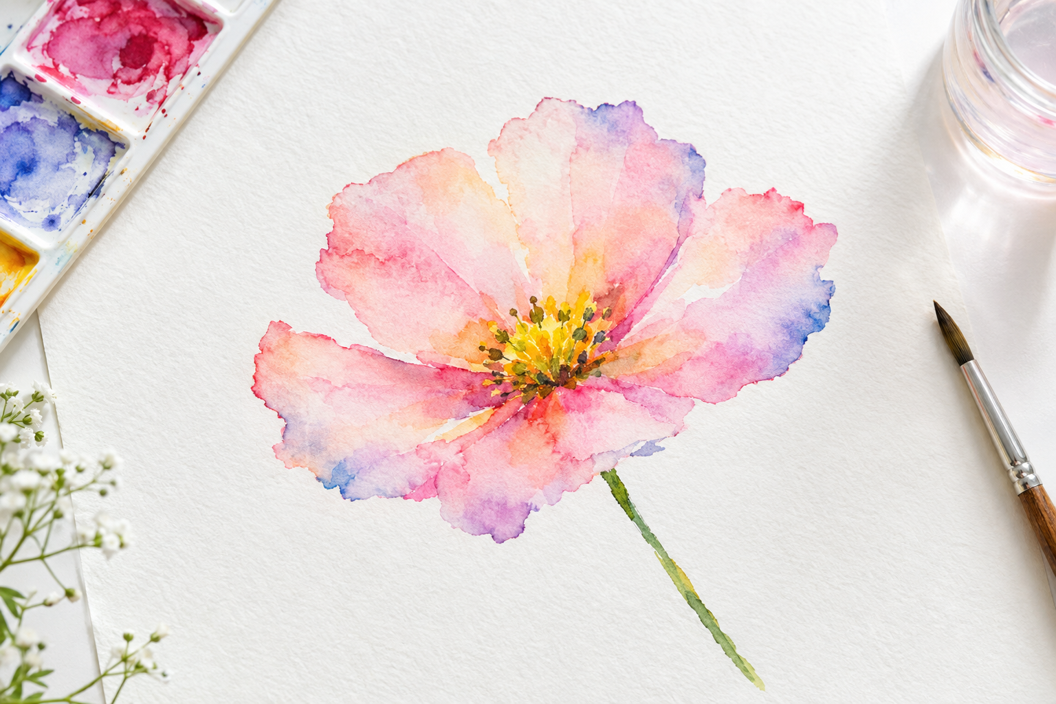 水彩絵の具で描かれた一輪の花のイラスト。花びらの縁ににじみとぼかしの技法が美しく表現されている、明るい背景の作品を俯瞰で撮影した写真風の構図
