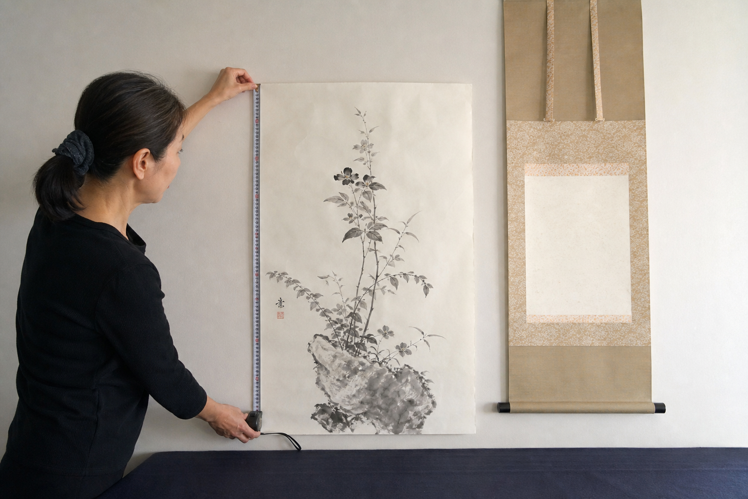 写真:ご自身の作品の本紙サイズを実際に測っている様子、または作品と掛け軸のサイズを見比べている写真を入れる