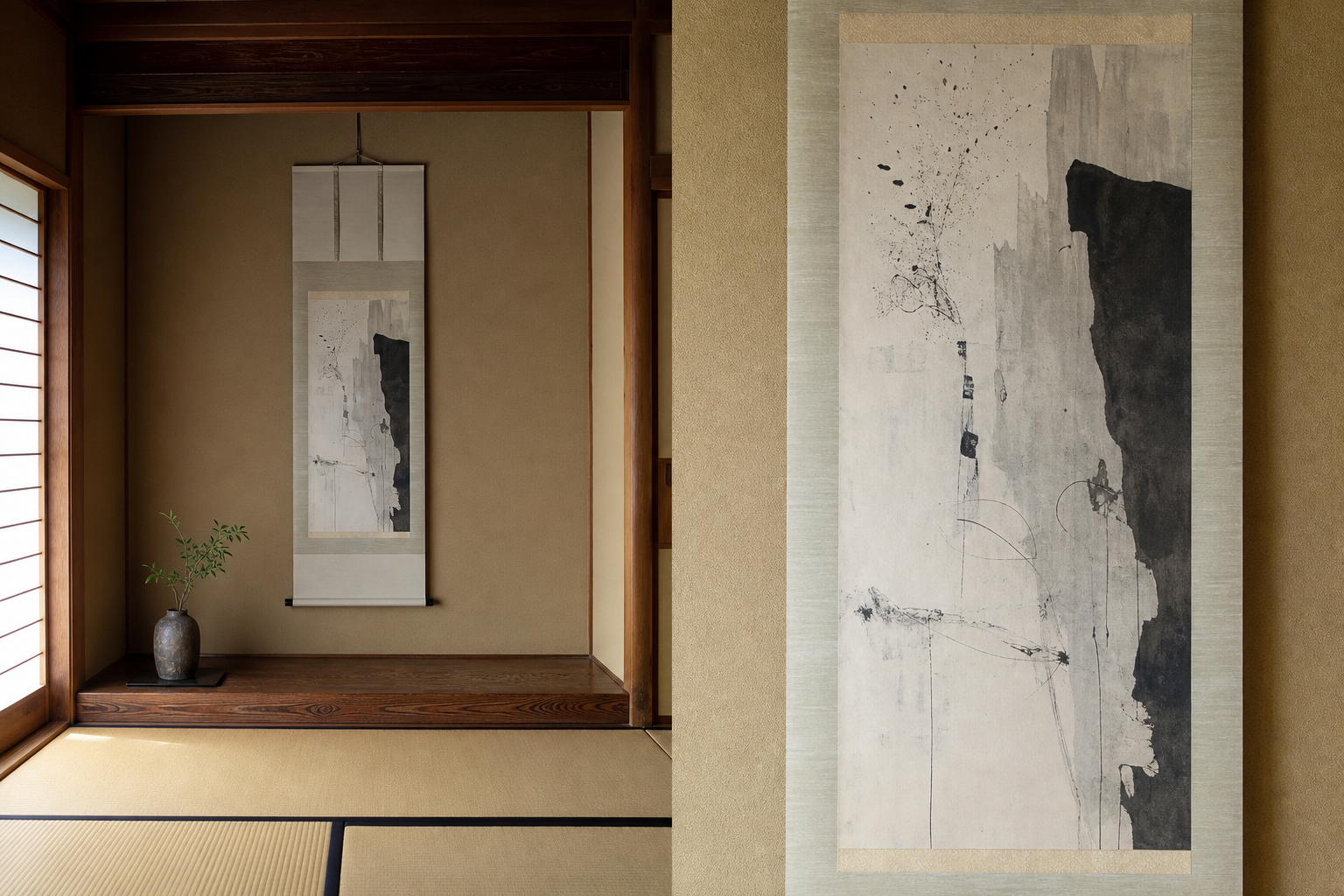 床の間に掛けられた現代アート風の掛け軸の写真。抽象的または現代的な絵柄が描かれた掛け軸全体を写したカットと、絵柄部分をアップで写したカットの2枚構成。和室の落ち着いた雰囲気、自然光、木目の床の間、畳が背景に見える高品質な写真風の画像