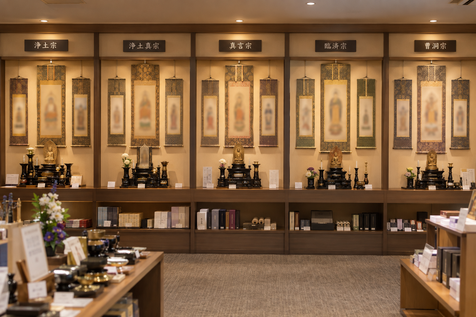 仏具店の店内で、複数の宗派別のご本尊と脇侍の掛け軸セットが並べて展示されている様子の写真風イメージ。掛け軸の文字や図柄は特定できない程度にぼかし、落ち着いた店内の雰囲気