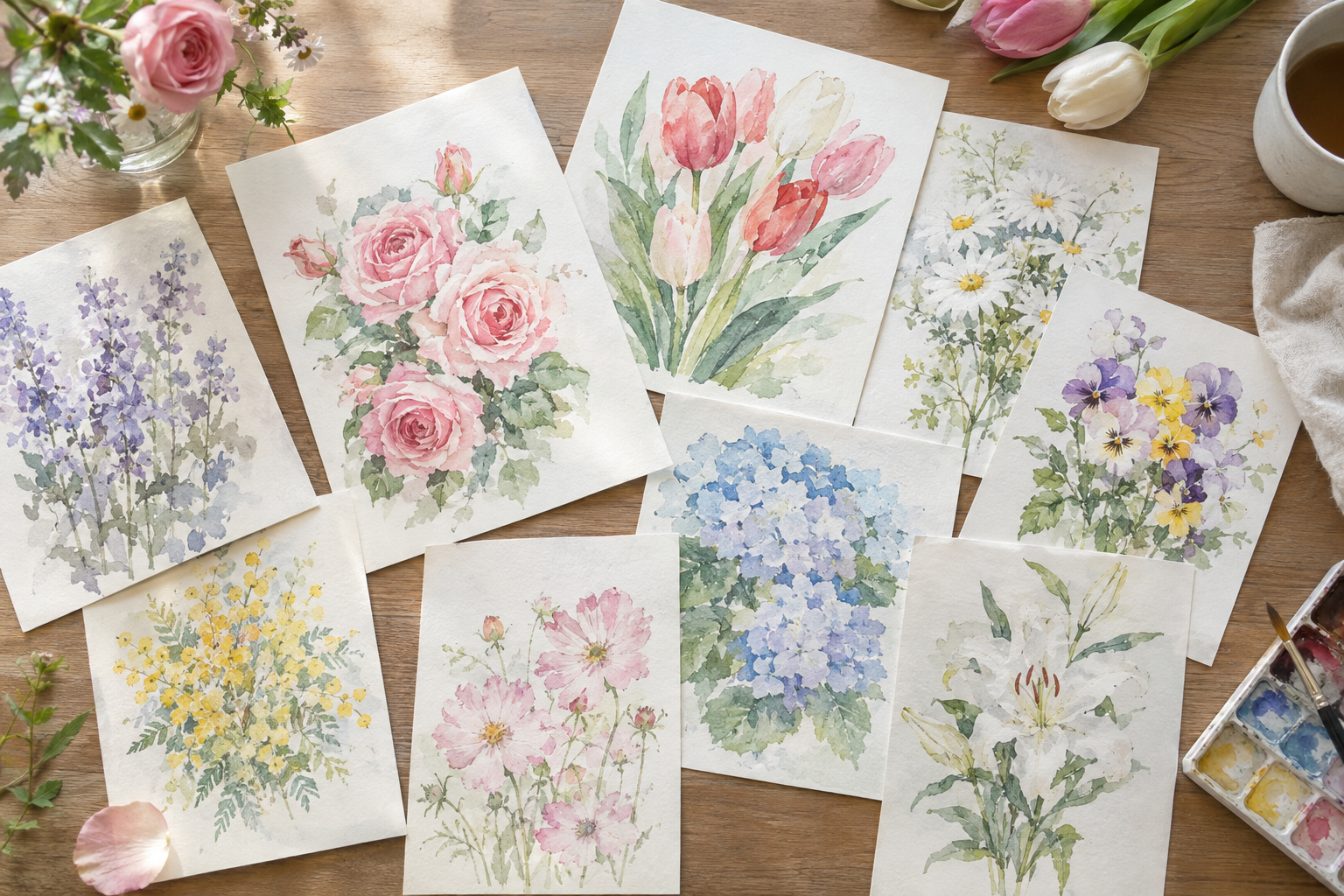 水彩で描かれたバラとチューリップなど複数種類の花のイラストをテーブルの上に並べて俯瞰で撮影した写真風の画像、柔らかい自然光の雰囲気