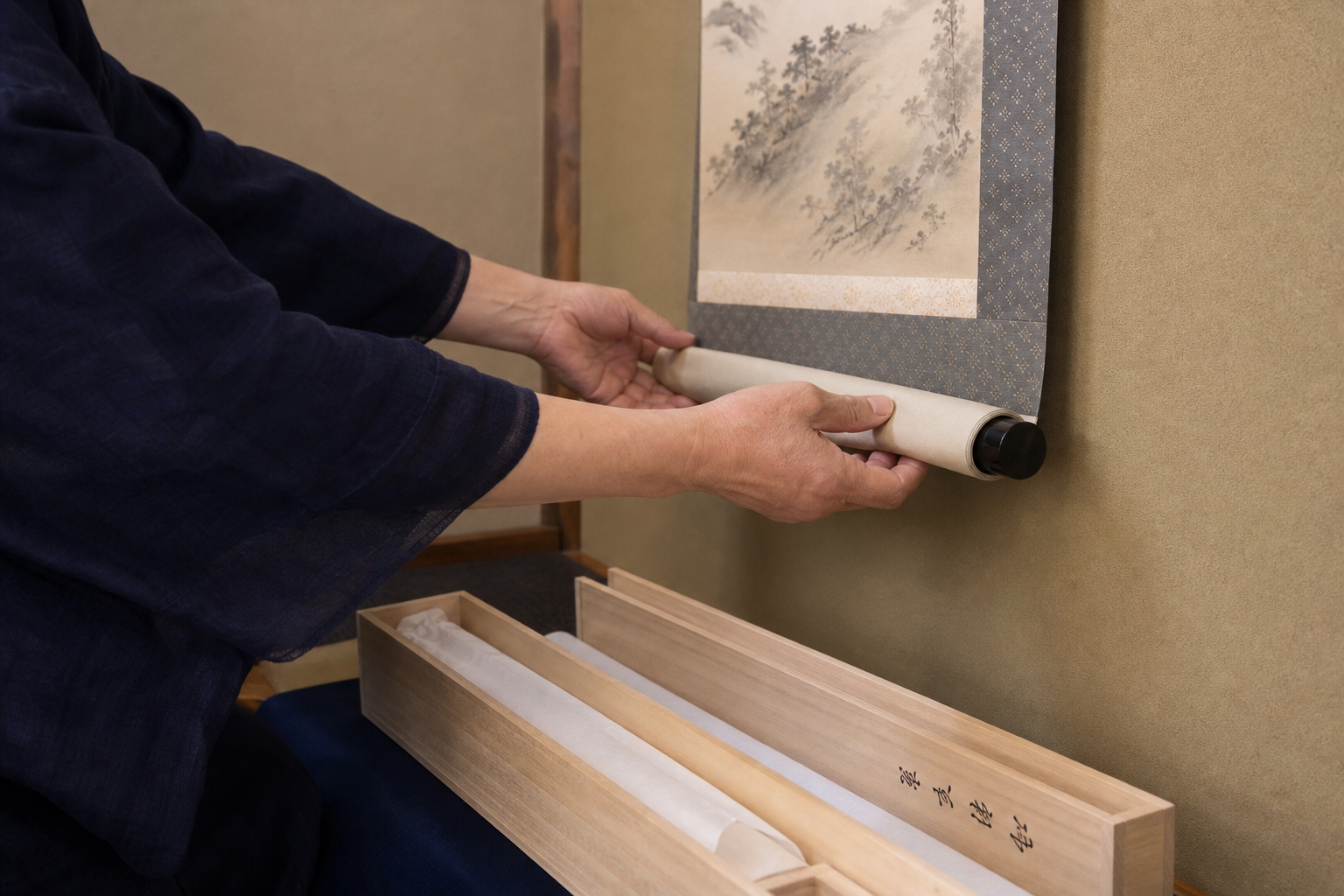 写真:掛け軸を巻いて桐箱にしまう際の手元、または掛け軸を掛けている途中の様子の写真を入れる