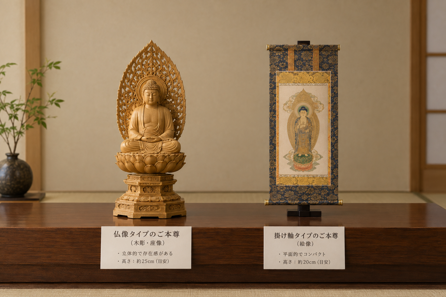 仏像タイプのご本尊と掛け軸タイプのご本尊を並べて置いた比較イメージ写真風。サイズ感と雰囲気の違いが分かるよう同じ台の上に配置、背景は無地の和室風、柔らかい照明