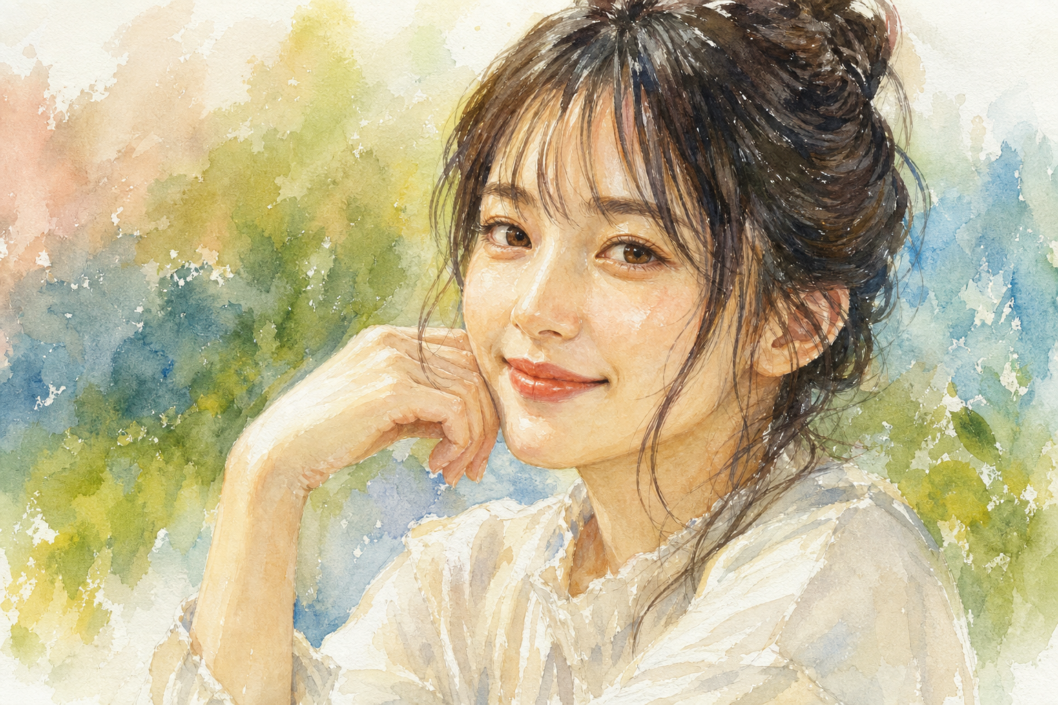 混色で作った肌色を使って描かれた人物の似顔絵または人物画の完成イラスト、水彩・アクリル画風のタッチ