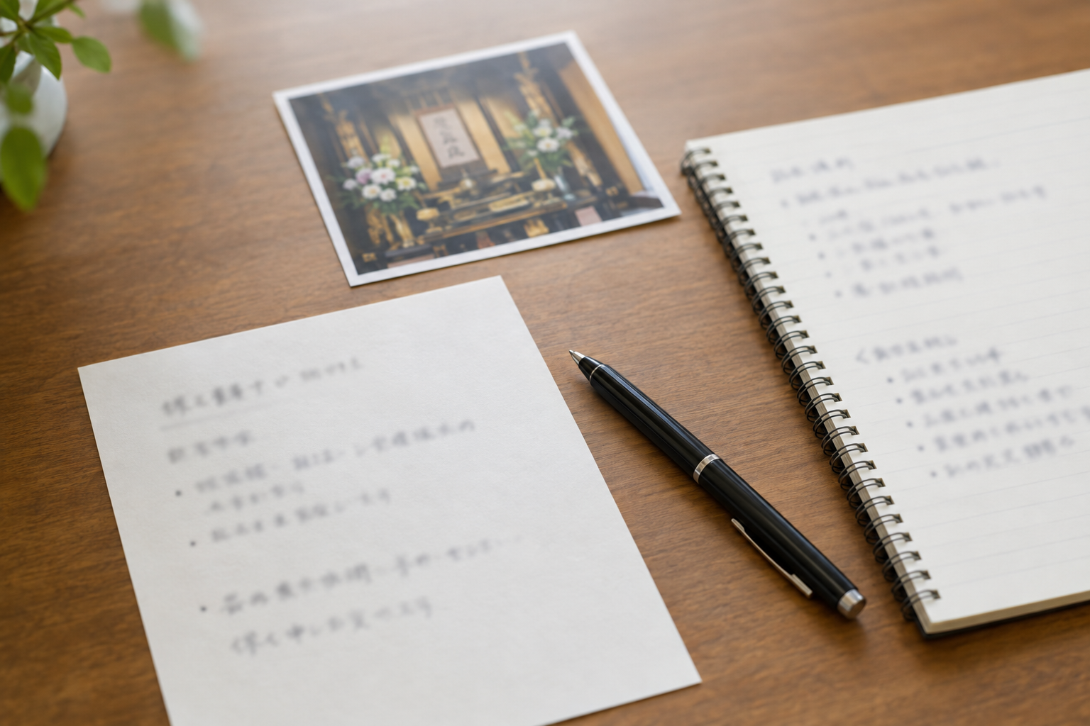 机の上に置かれた手書きのメモと控えの写真風イメージ。法名や没年月日を書き留めた用紙とペン、お寺とのやりとりを記したノート。文字は判読できないようぼかし、個人情報が見えない構図。