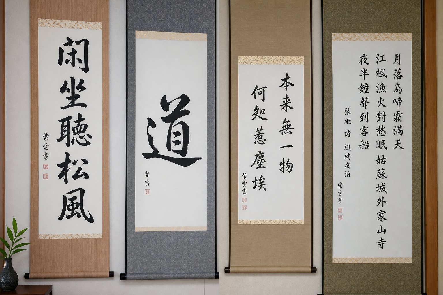 写真：ご自身が所有する、または制作した掛け軸の実物写真を数点入れる。禅語・一文字・漢詩引用など種類の違いが分かるものが望ましい