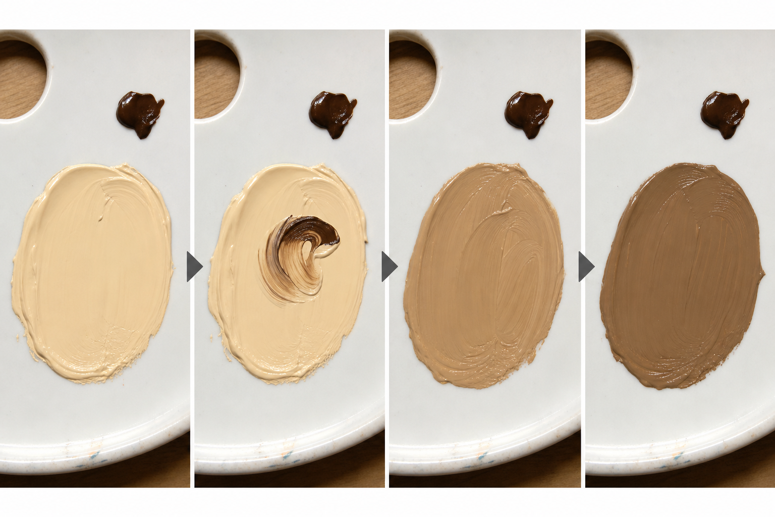 パレット上で薄いベージュ色の絵の具に濃い茶色を少しずつ加えていき、段階的に色が濃くなっていく様子を4コマで並べた連続写真風イラスト
