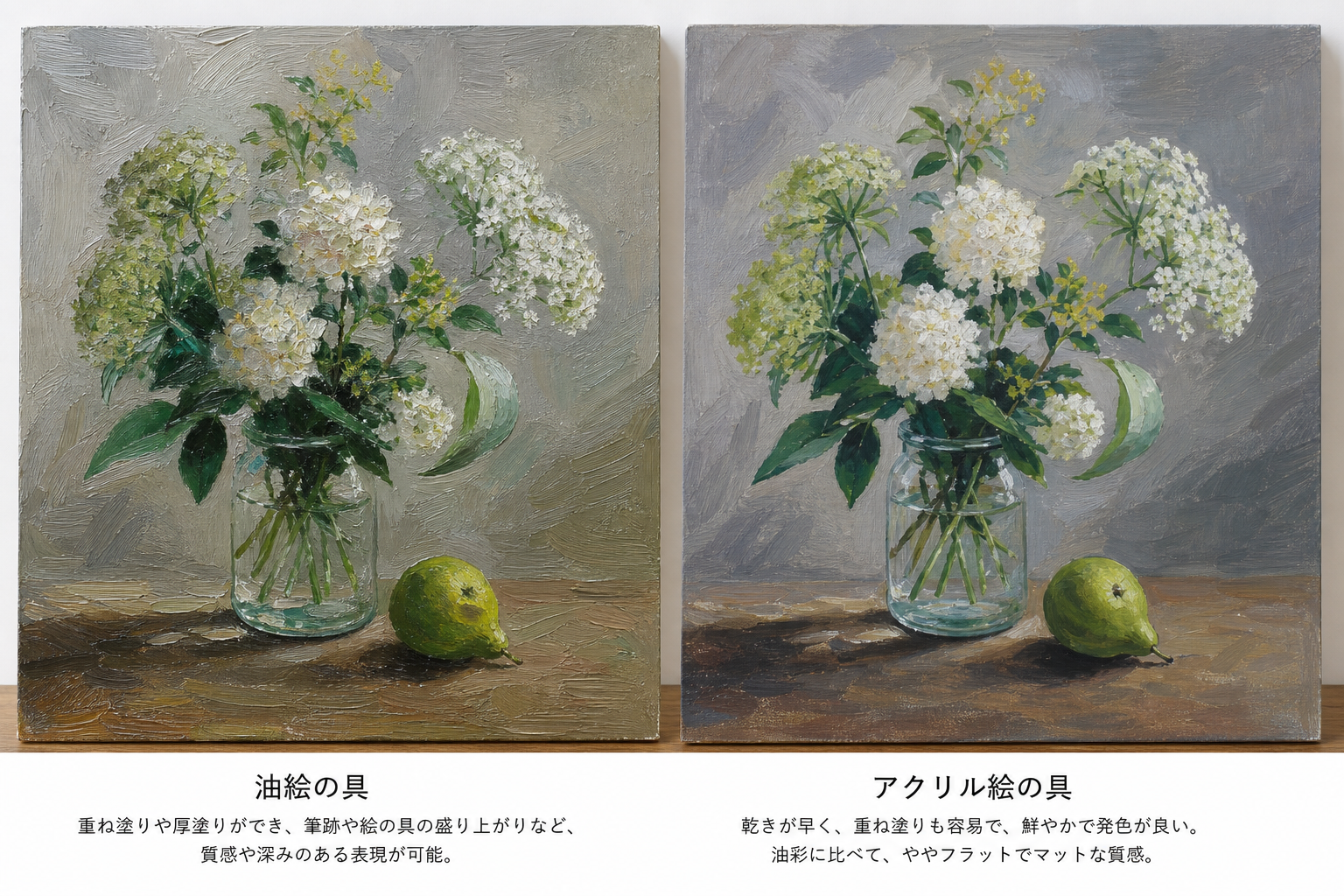写真:同じモチーフを油絵の具とアクリル絵の具でそれぞれ描いた作品、または筆者の過去作品の中から質感の違いが分かるものを並べて掲載する