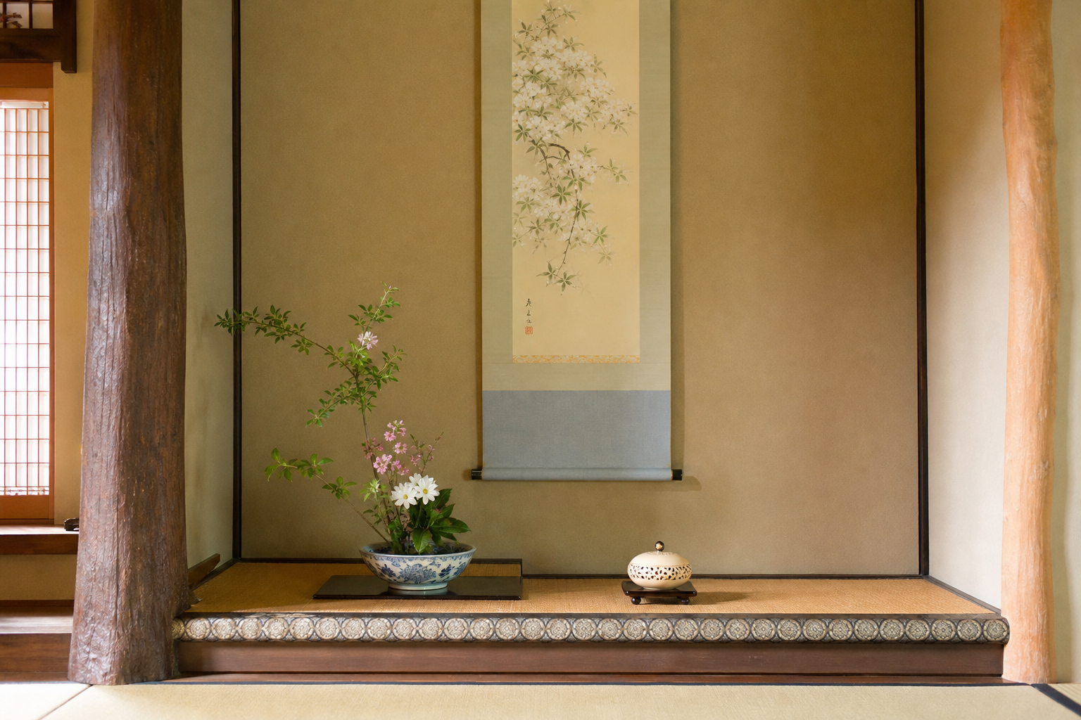 写真:実際に選んだ掛け軸を、その季節の花や道具と一緒に取り合わせた床の間の写真を入れる