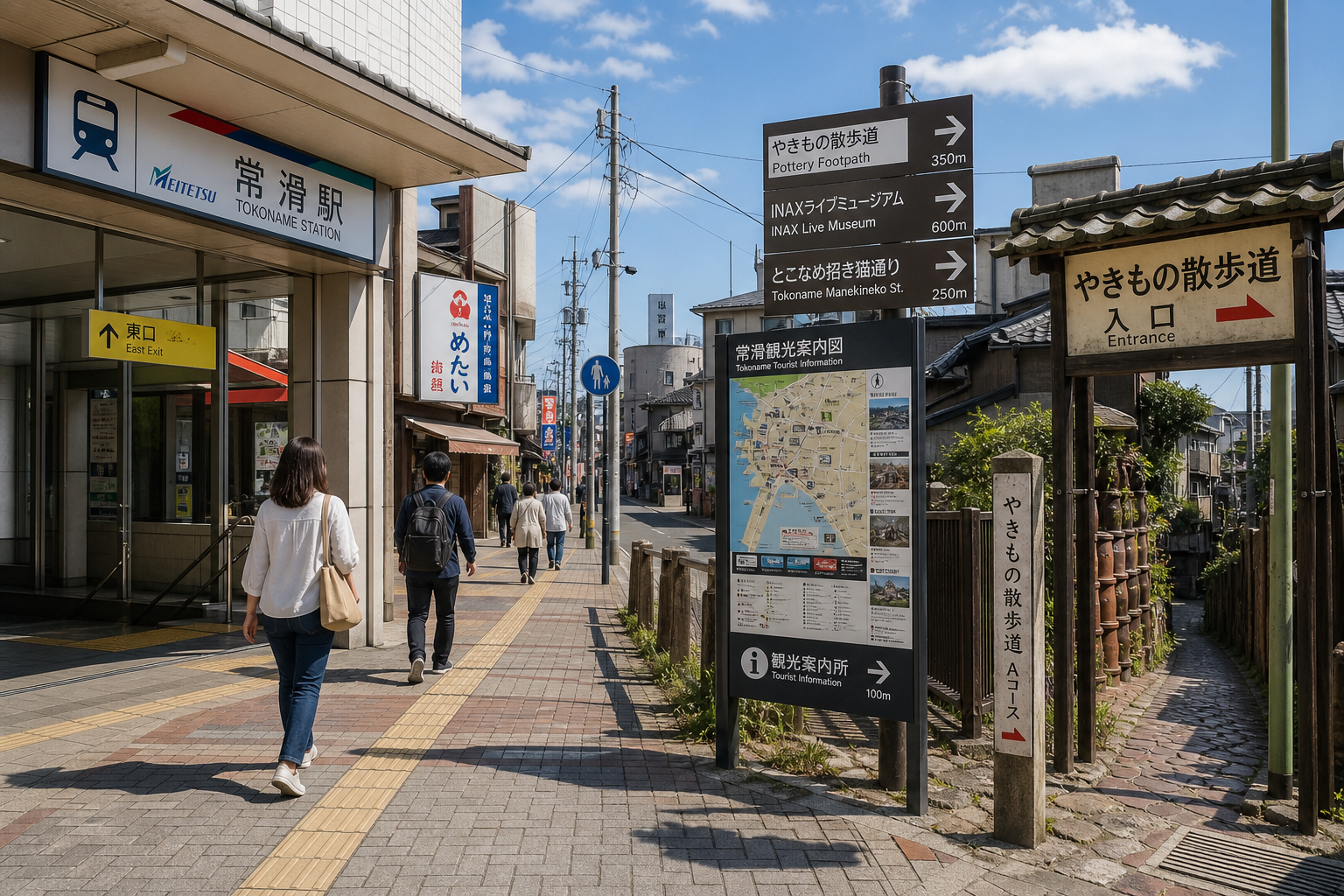 常滑駅の出口から観光案内の看板や矢印標識が並ぶ道を歩く様子、やきもの散歩道への入口が見える駅前の街並み