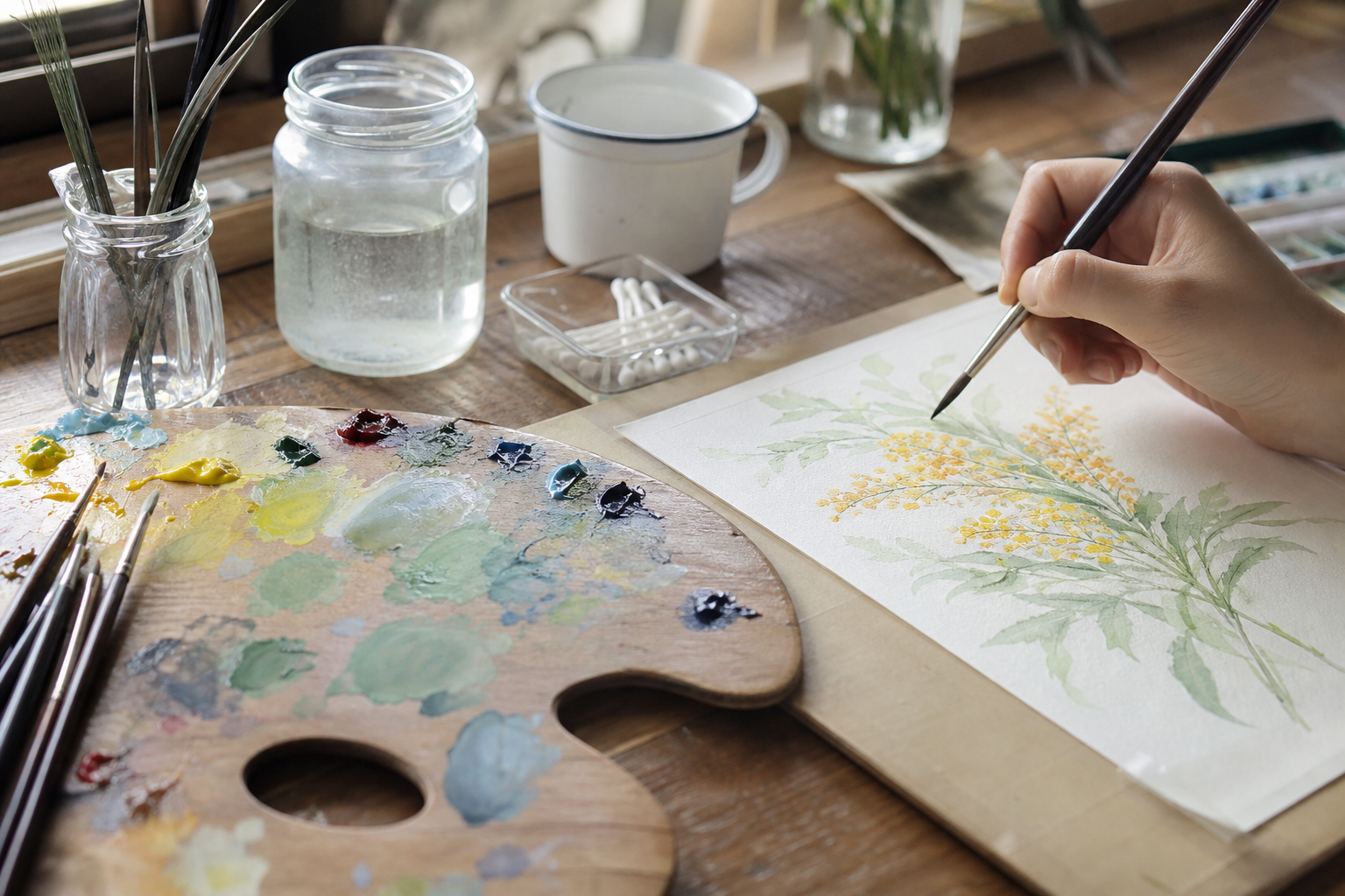 木製のパレットに絵の具を出し、筆で水彩画を描いている手元のクローズアップ、水入れや筆、绵棒などの道具が机に並ぶ制作風景、自然光が差し込むアトリエの写真風イラスト