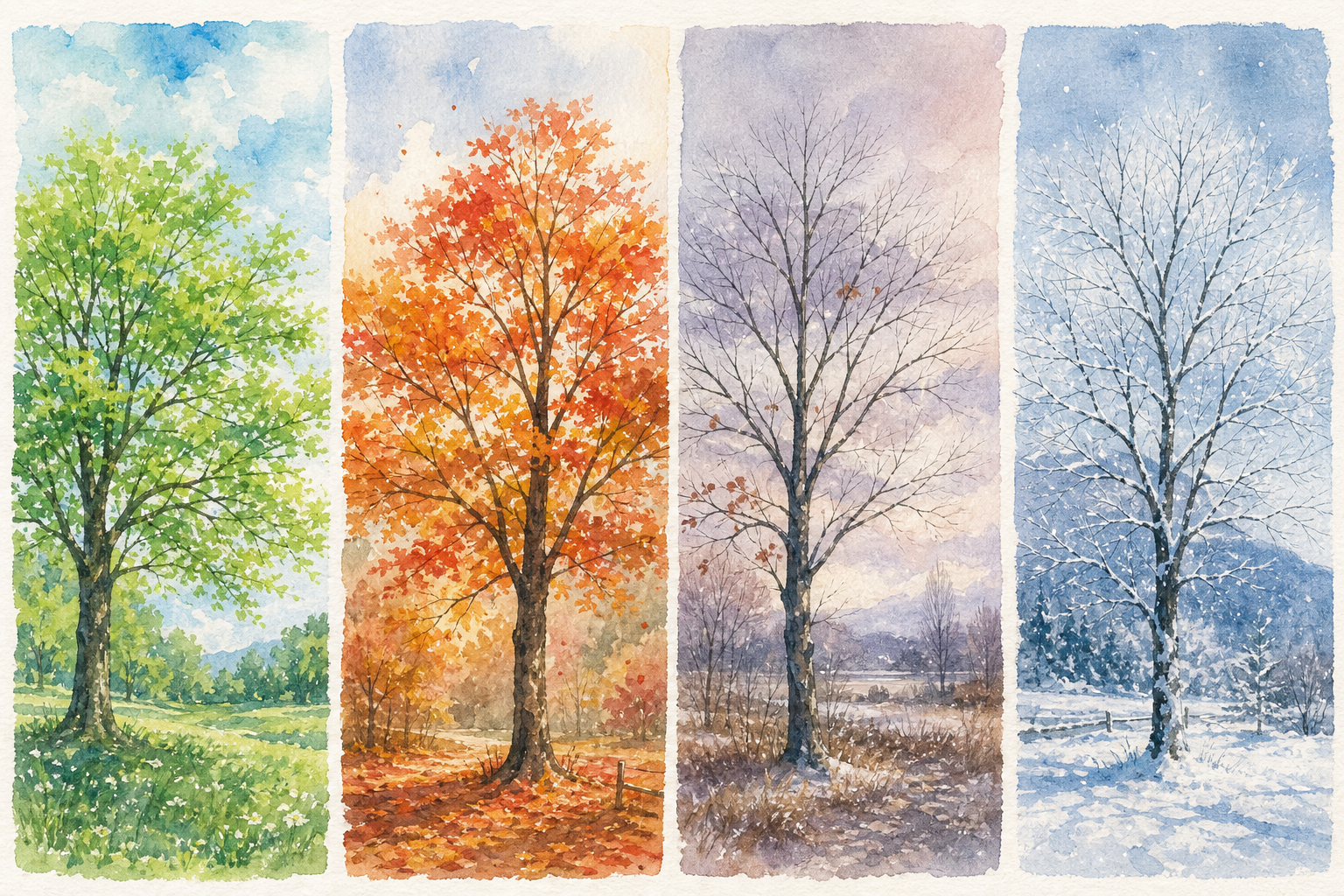 新緑・紅葉・冬木立の季節ごとの木を描いた水彩画4枚を並べたコラージュ風イメージ。それぞれ異なる季節感の色合いで表現