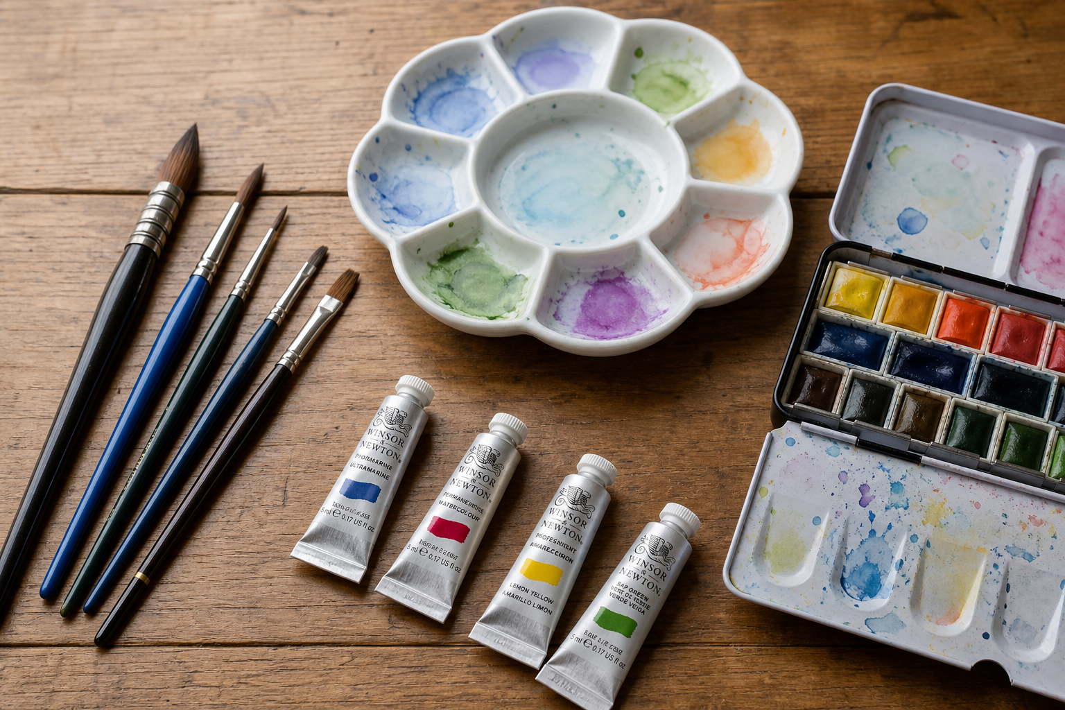 水彩画用の筆数本と固形または チューブの絵の具セット、パレットを木製テーブルの上に並べたイメージ写真風イラスト
