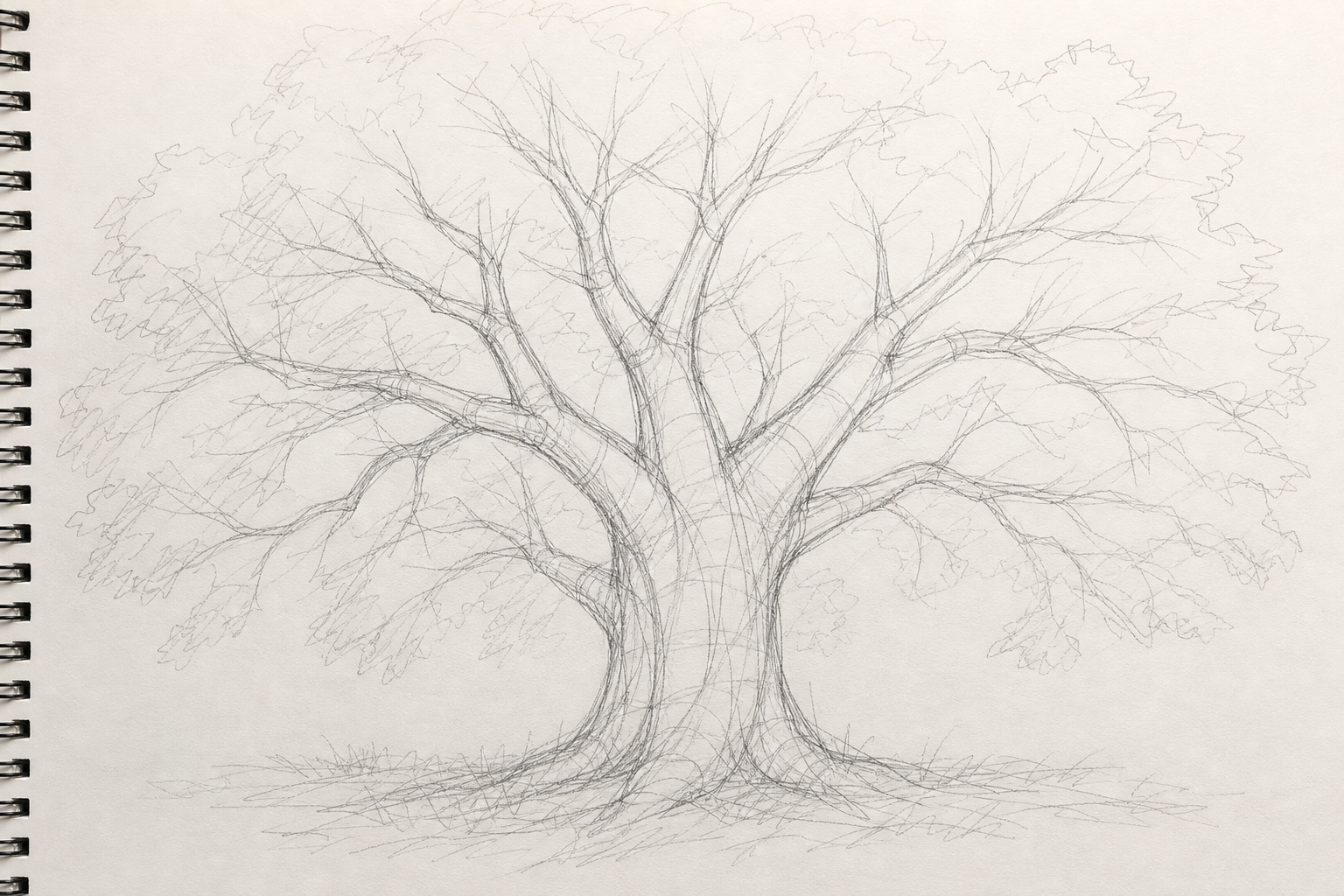 鉛筆で描かれた木の下描き線画。幹や枝の構造線がラフに描かれたスケッチブックのイメージ