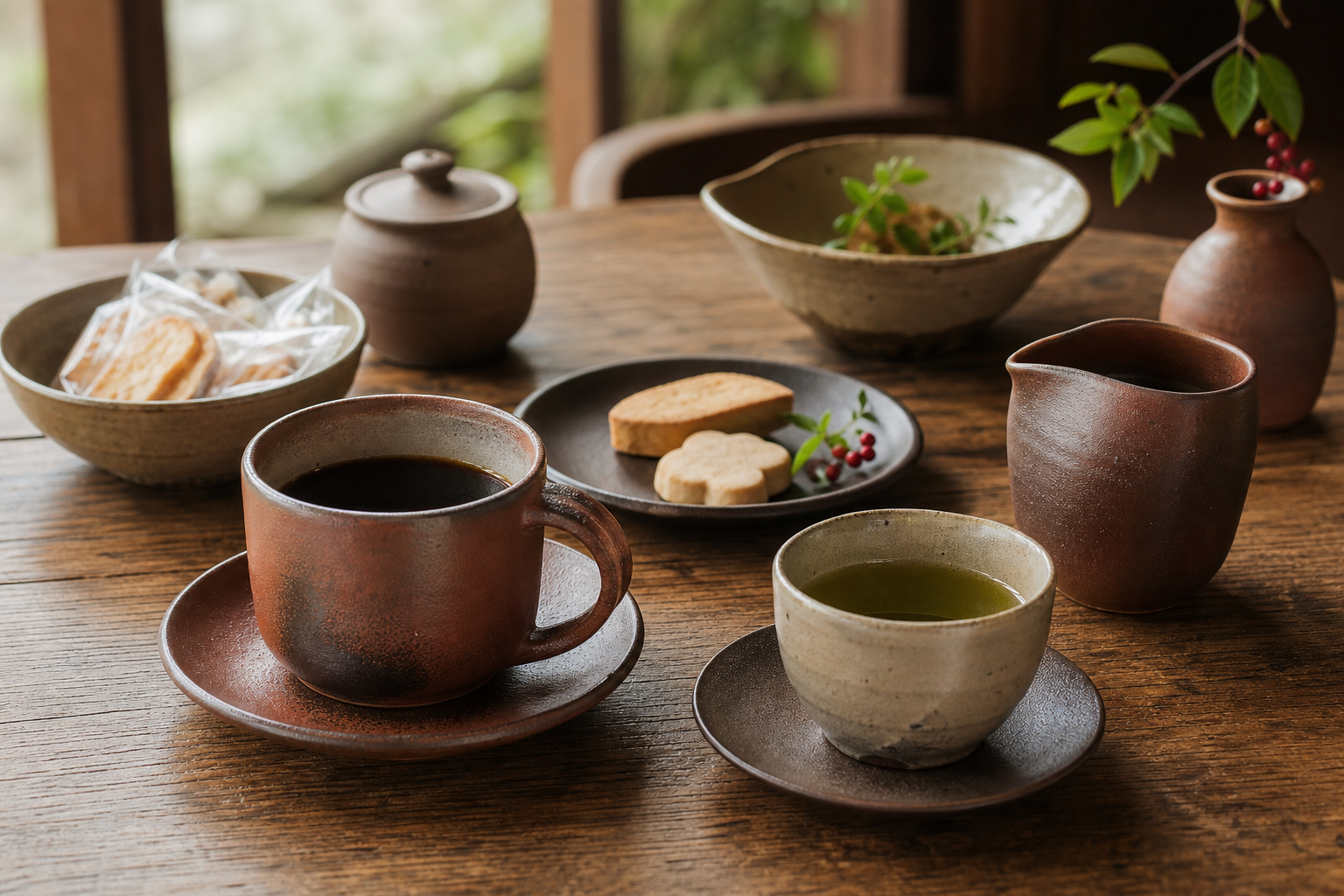 常滑焼の陶器のカップや器で提供されるコーヒーやお茶、テーブルの上に置かれた素朴で温かみのある焼き物の食器