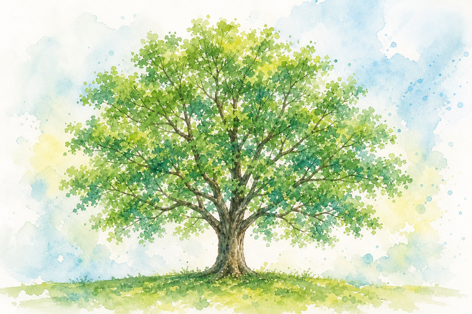 水彩絵の具で描かれた、バランスの良い一本の木の完成イラスト。幹と枝葉の配置が調和し、背景に淡い色のにじみ表現がある水彩画風のイメージ