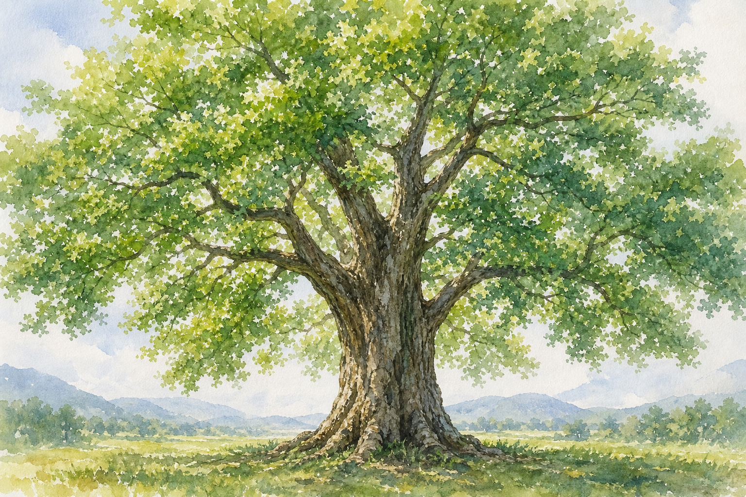 完成した一本の木の水彩画。幹の質感と葉の緑のグラデーションが表現された作品イメージ