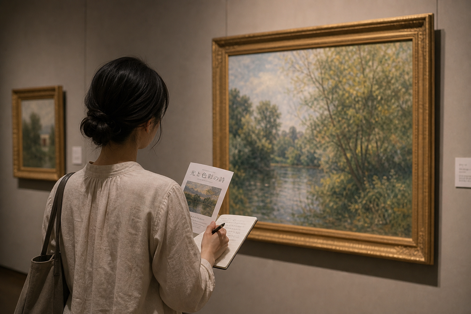 美術展の案内チラシを手に持ちながら、絵画の前でノートにメモを取る来場者の後ろ姿、美術館やギャラリーでの鑑賞体験を表す落ち着いた雰囲気の写真風イラスト
