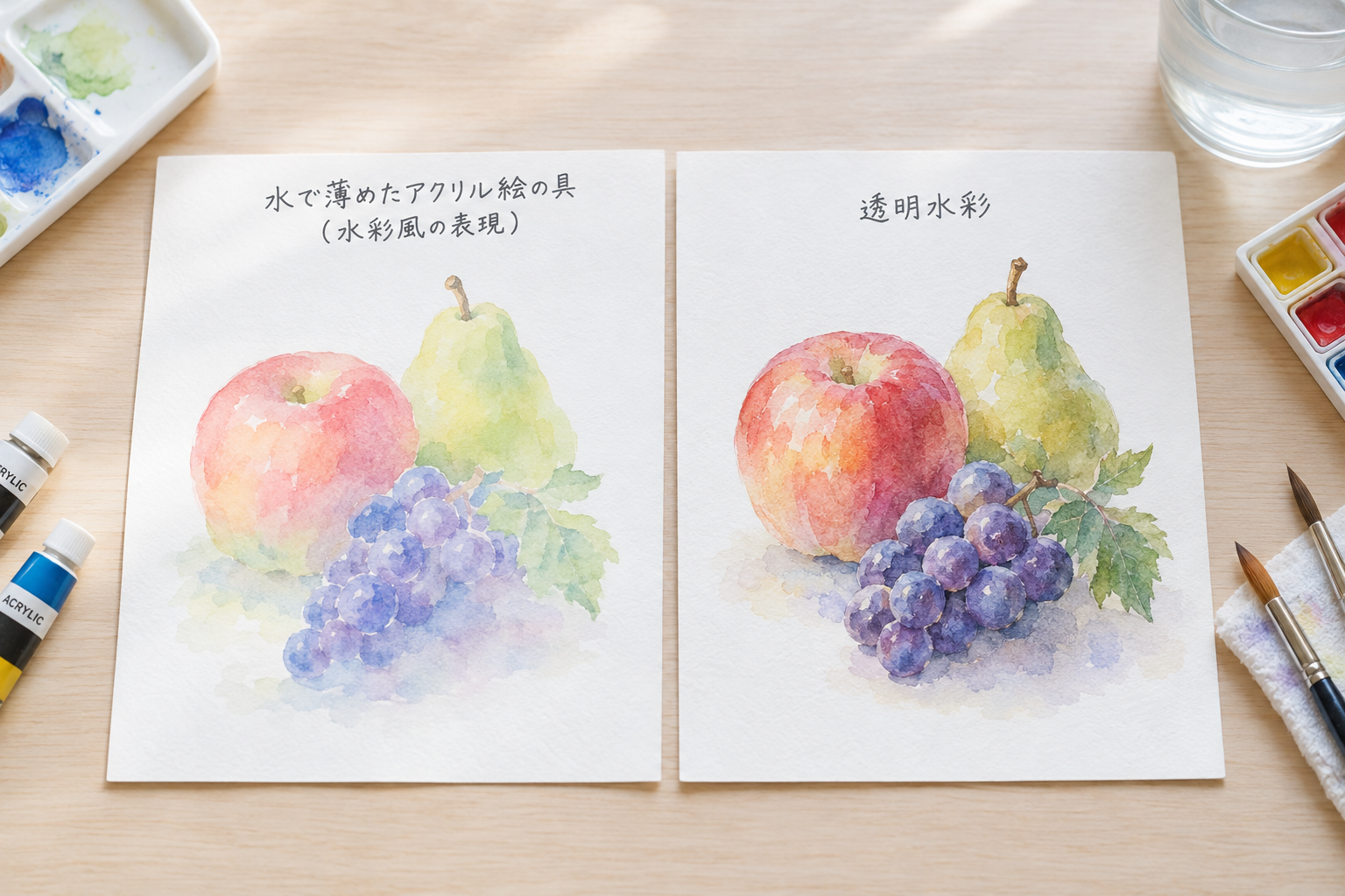 水で薄めたアクリル絵の具で描いた水彩風の淡い果物の絵と、透明水彩で描いた同じ果物の絵を並べた写真風の画像。白い紙、柔らかい光、筆と水入れが添えられている
